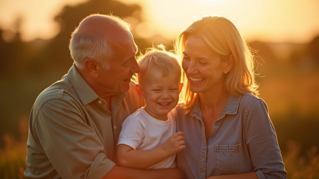 Família de três gerações em momento de abraço afetuoso, ao ar livre, luz dourada do pôr do sol