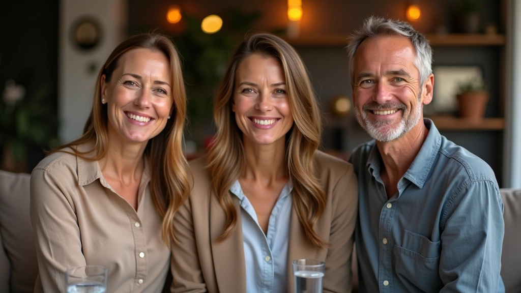 Grupo de amigos de meia-idade em conversação relaxada num espaço aconchego, sorrindo genuinamente
