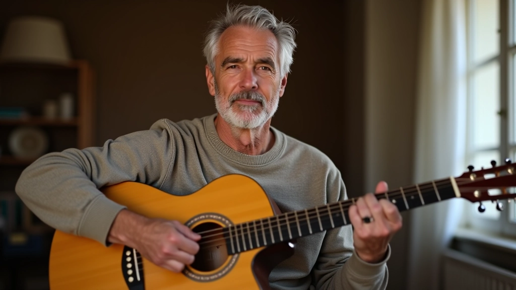 Homem de meia-idade sorrindo enquanto toca violão num ambiente acolhedor com luz natural
