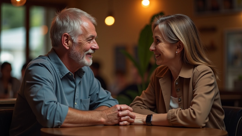 Dois amigos sentados em café, conversando com atenção, mãos descansadas sobre mesa, ambiente aconchego com luz morna, expressão de escuta ativa e interesse genuíno