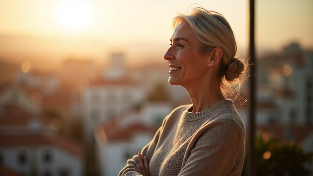 Mulher de meia-idade sozinha em varanda, olhando para a vista, expressão contemplativa e pensativa, luz natural suave ao entardecer, momento de reflexão pessoal