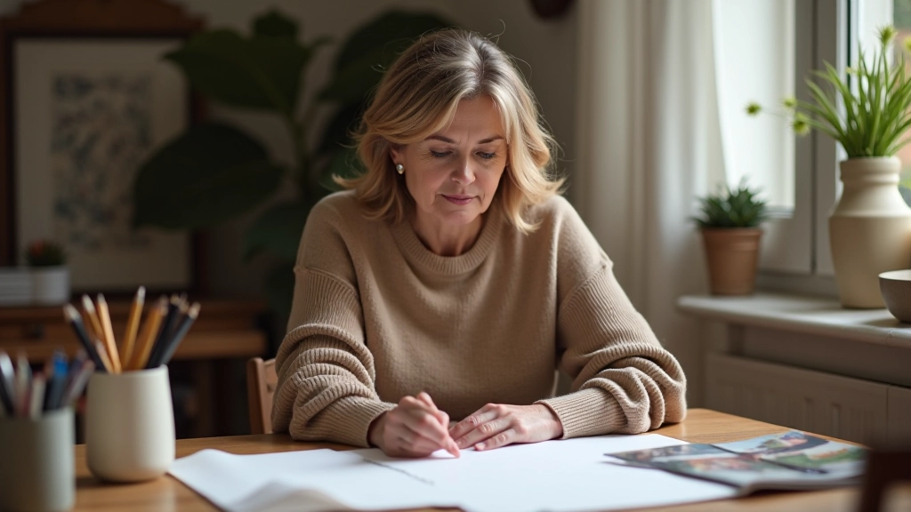Mulher sentada numa mesa, rodeada de materiais de arte e olhando pensativamente para uma folha em branco