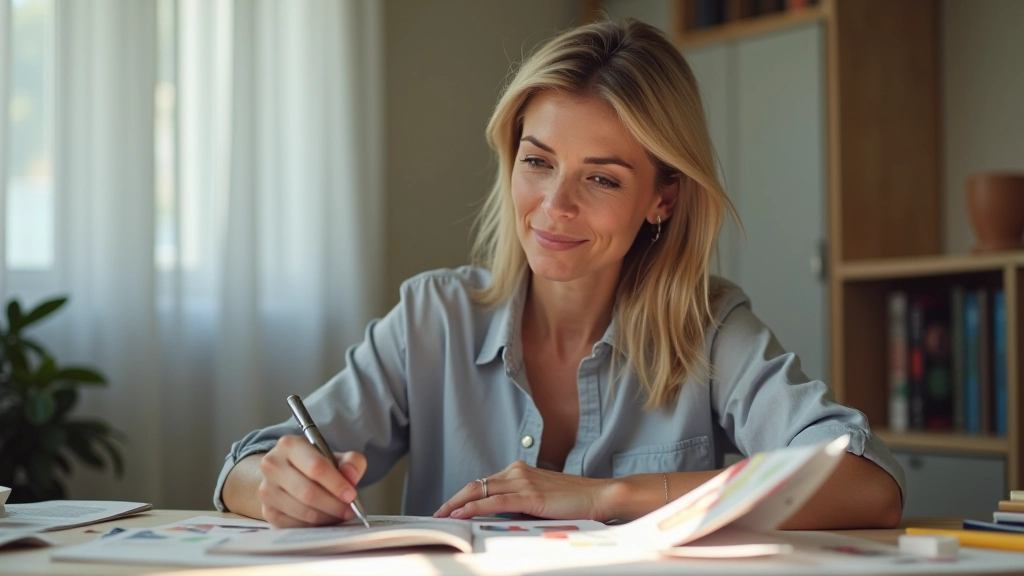 Mulher de meia-idade criando moodboard com revistas e tesoura, focada e criativa, luz natural numa mesa de trabalho