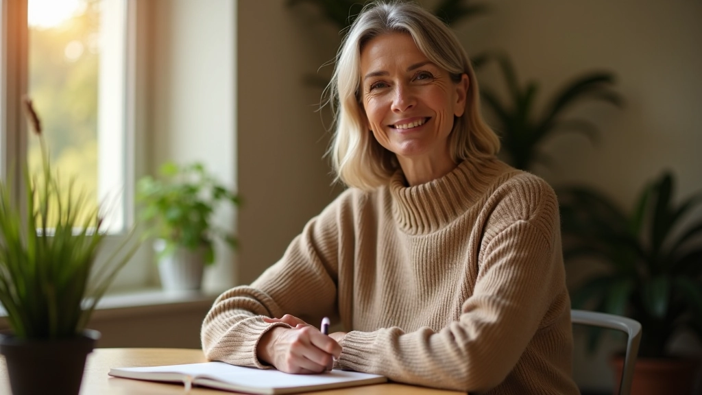 Mulher de meia-idade sorrindo enquanto escreve num diário, num ambiente aconchegante com luz natural
