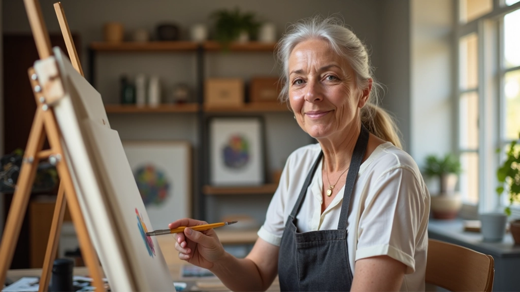 Mulher de meia-idade experimentando pintura num estúdio de arte, com diferentes materiais ao redor